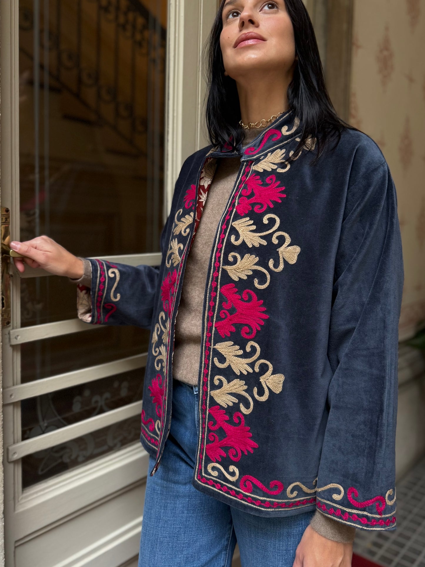Rani Velvet Suzani Embroidered Jacket - Blue One Size