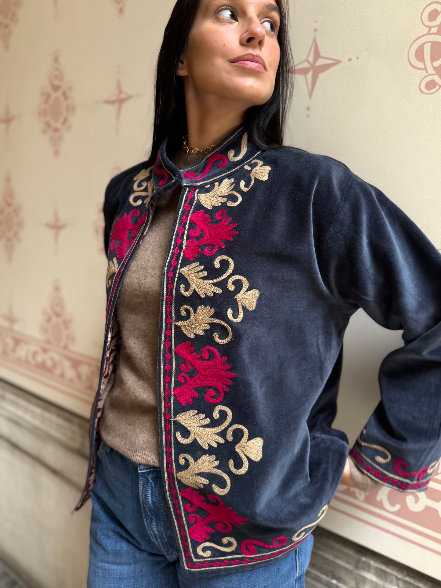 Rani Velvet Suzani Embroidered Jacket - Blue One Size