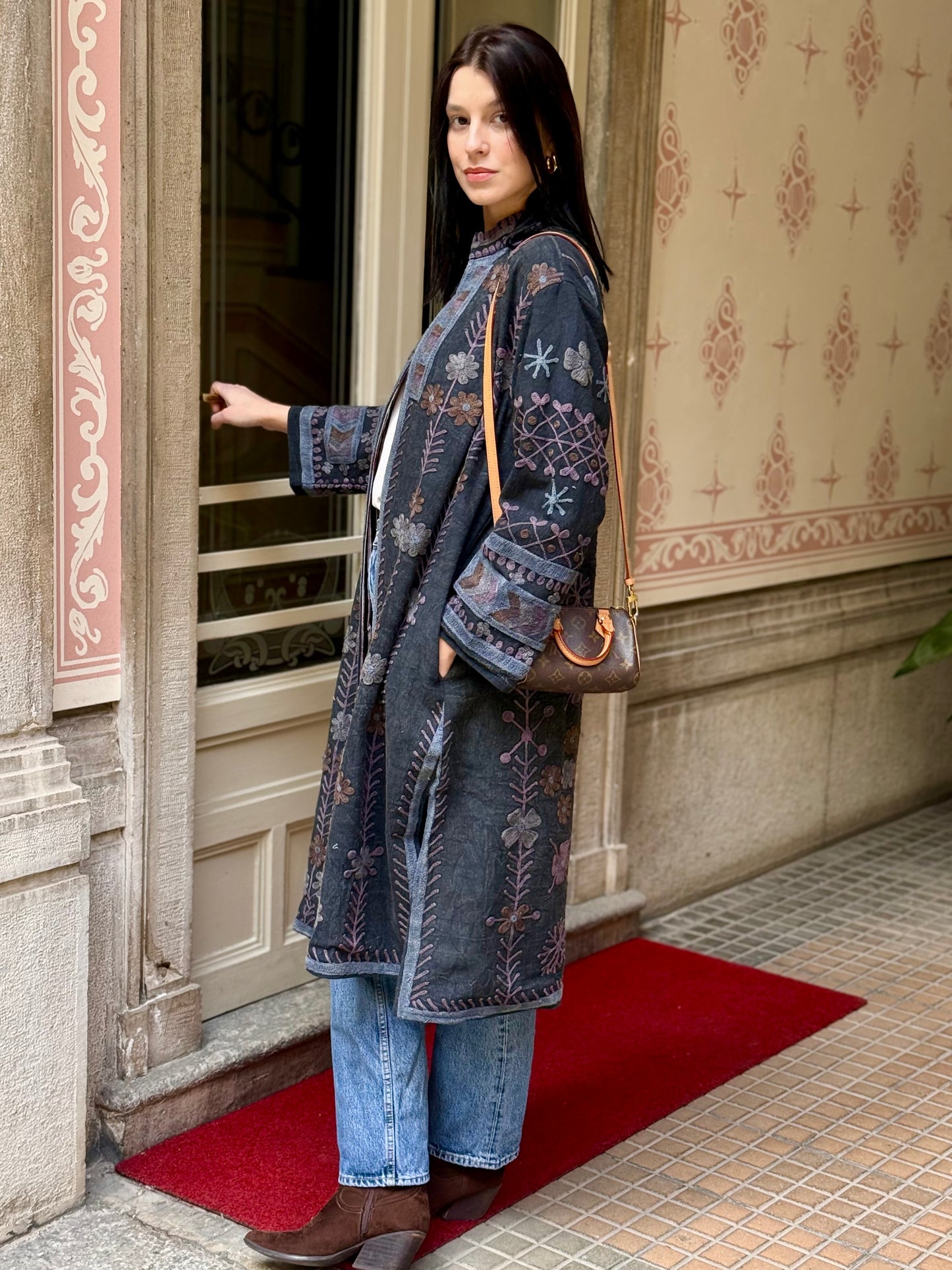 Embroidered Stone Washed Coat - One Size