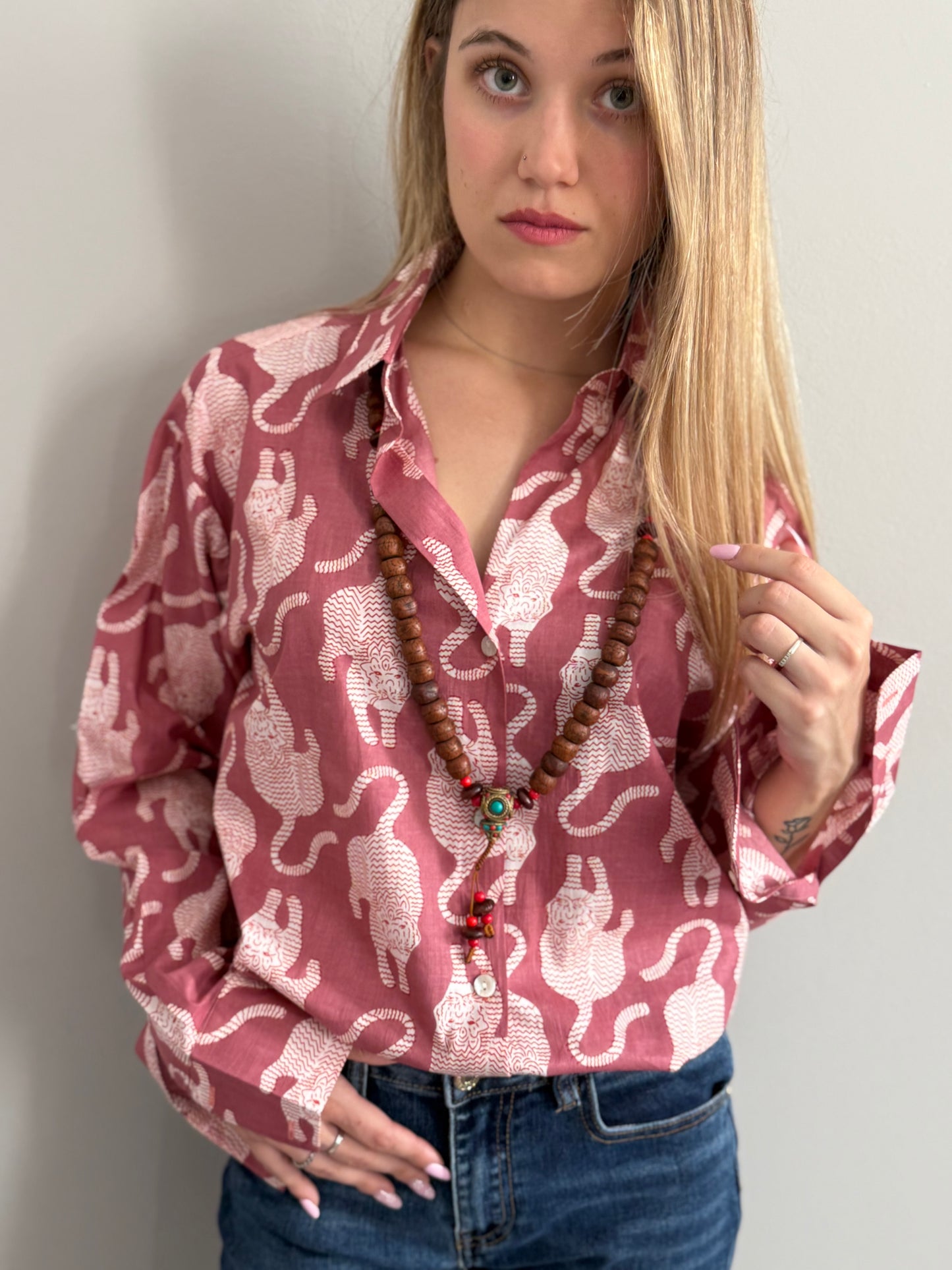Cotton Shirt - Tibetan Tiger Antique Pink