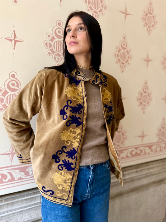 Rani Velvet Suzani Embroidered Jacket - Khaki One Size