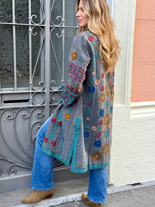 Embroidered Stone Washed Coat - One Size