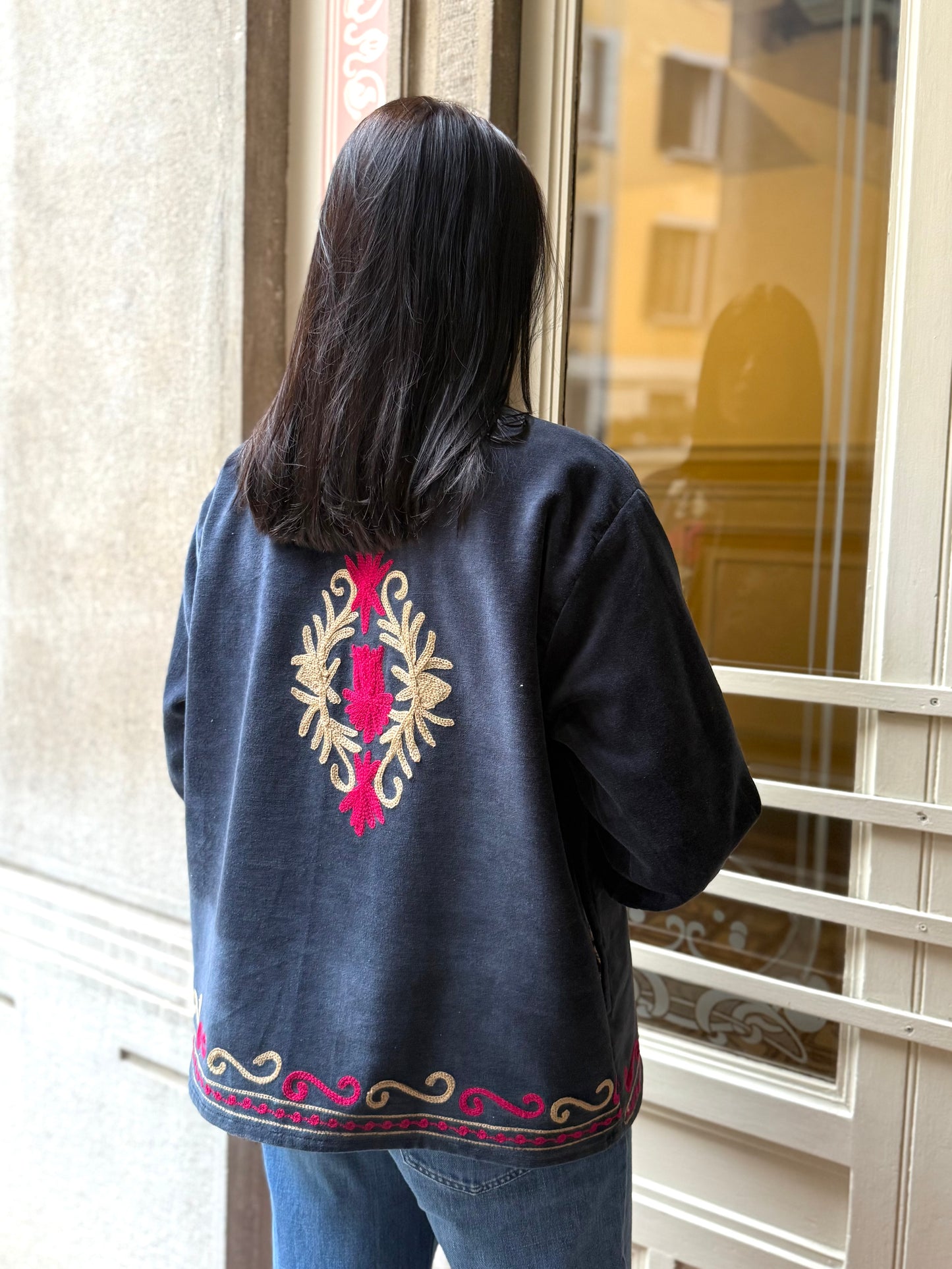 Rani Velvet Suzani Embroidered Jacket - Blue One Size