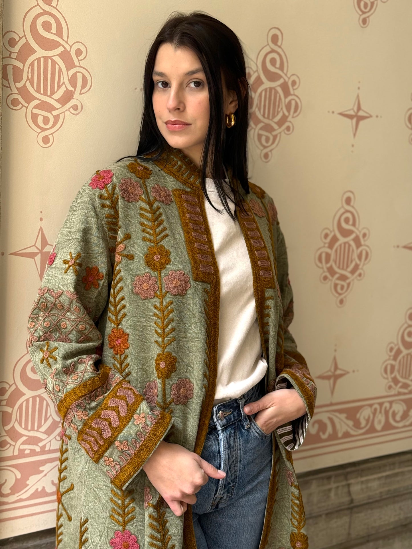 Embroidered Stone Washed Coat - One Size