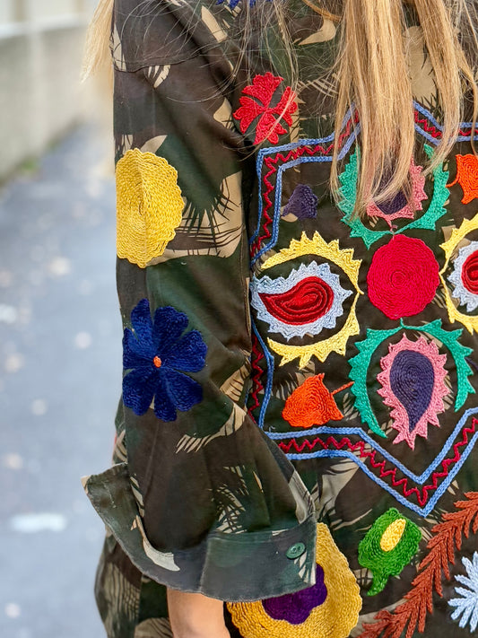 Vintage Army Jacket hand embroidered - Poppy