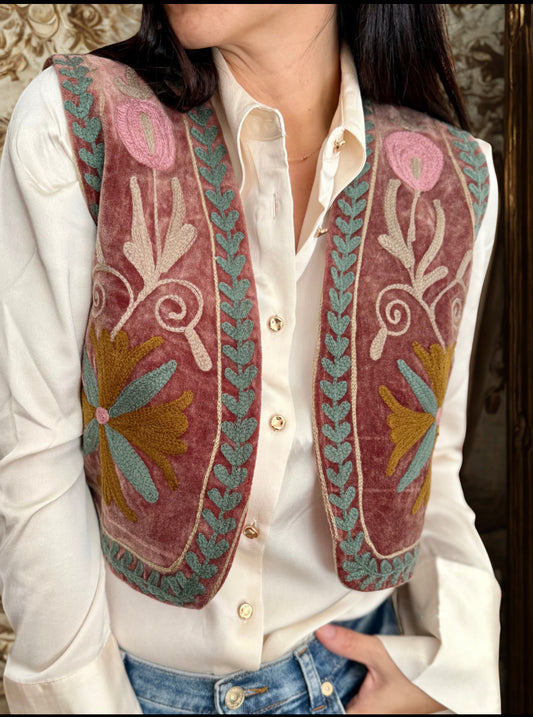 Velvet Embroidered Suzani Vest - One Size