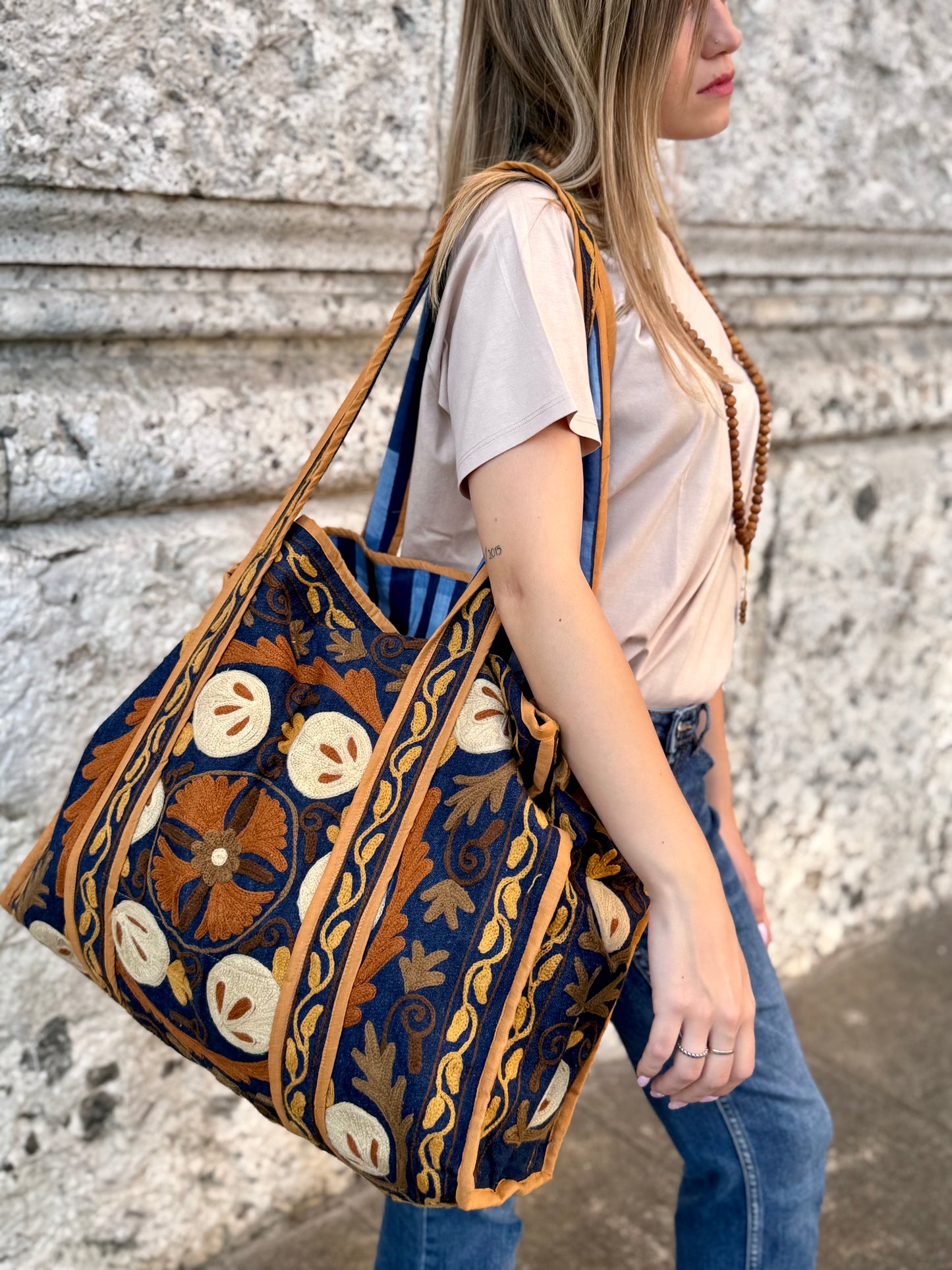 Denim Suzani Embroidered Tote Bag