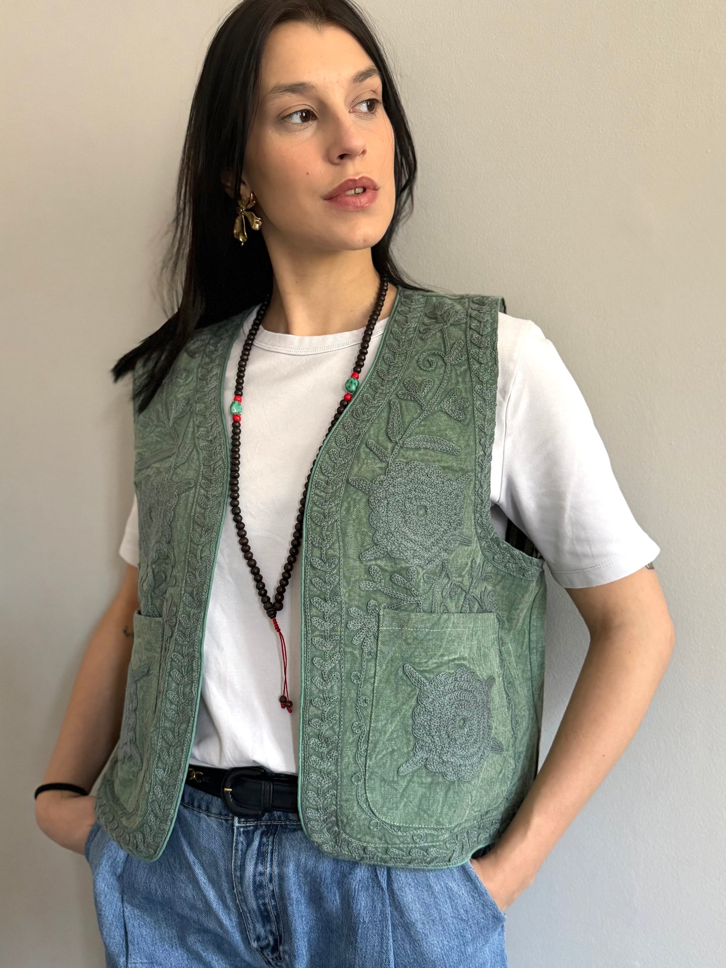 Cotton Boho Embroidered Vest - Green