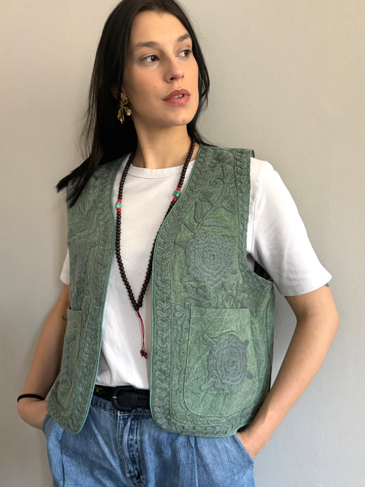 Cotton Boho Embroidered Vest - Green