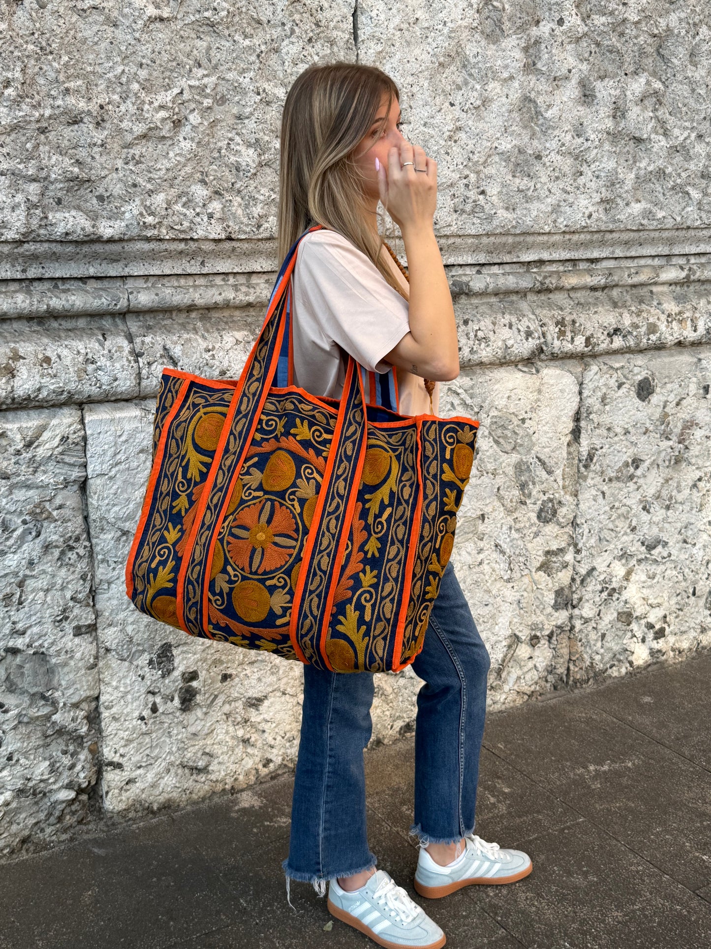 Denim Suzani Embroidered Tote Bag