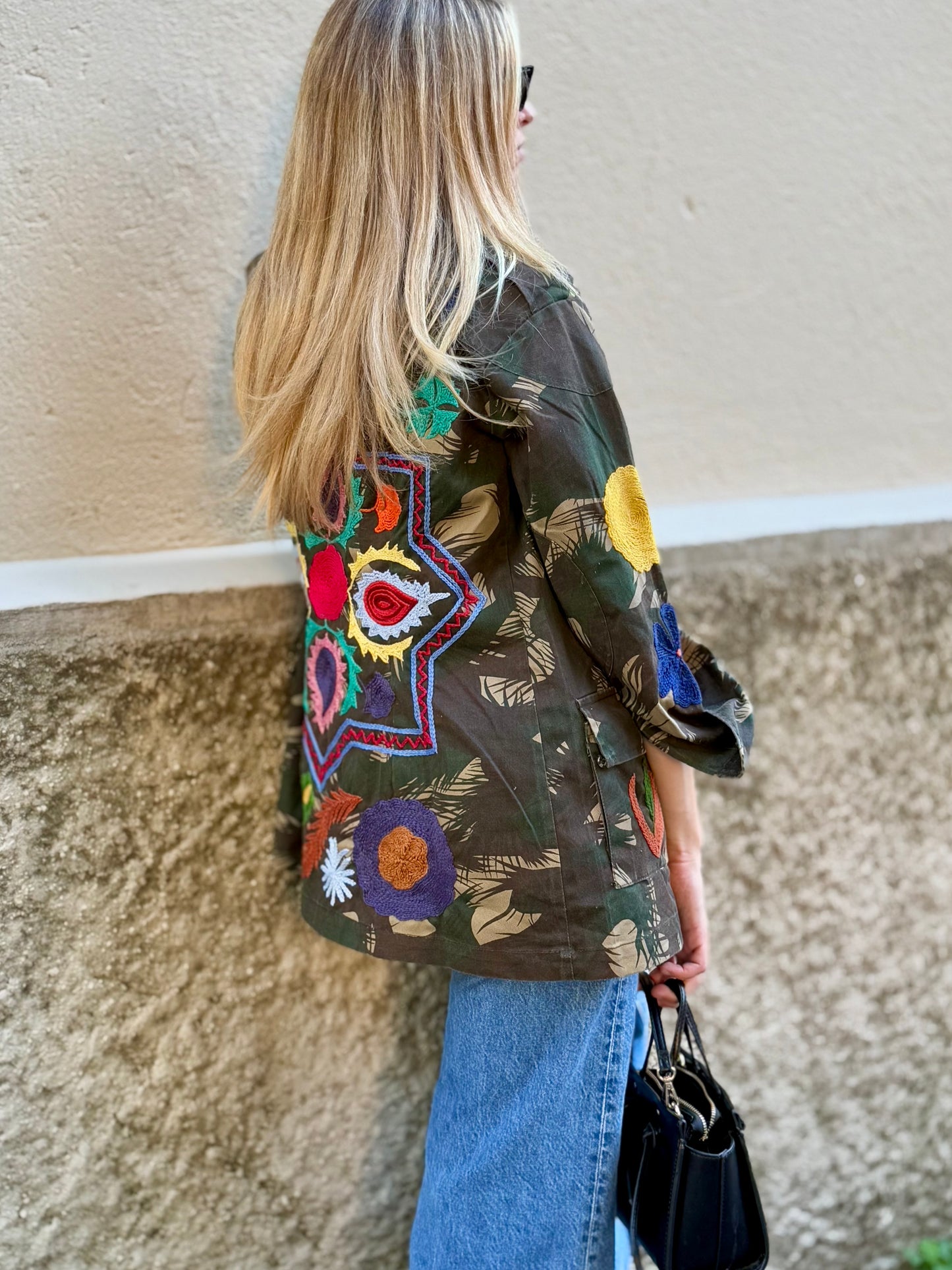 Vintage Army Jacket hand embroidered - Poppy