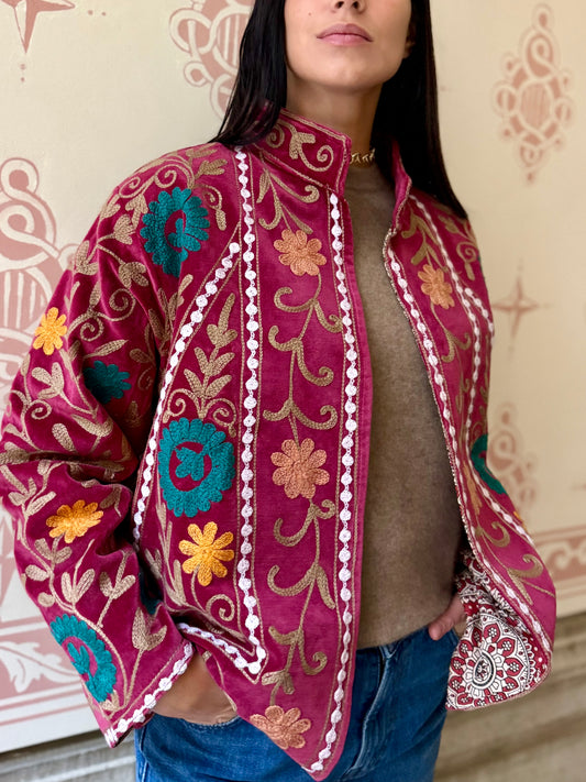 Paris Velvet Suzani Embroidered Jacket - Bordeaux/Beige One Size