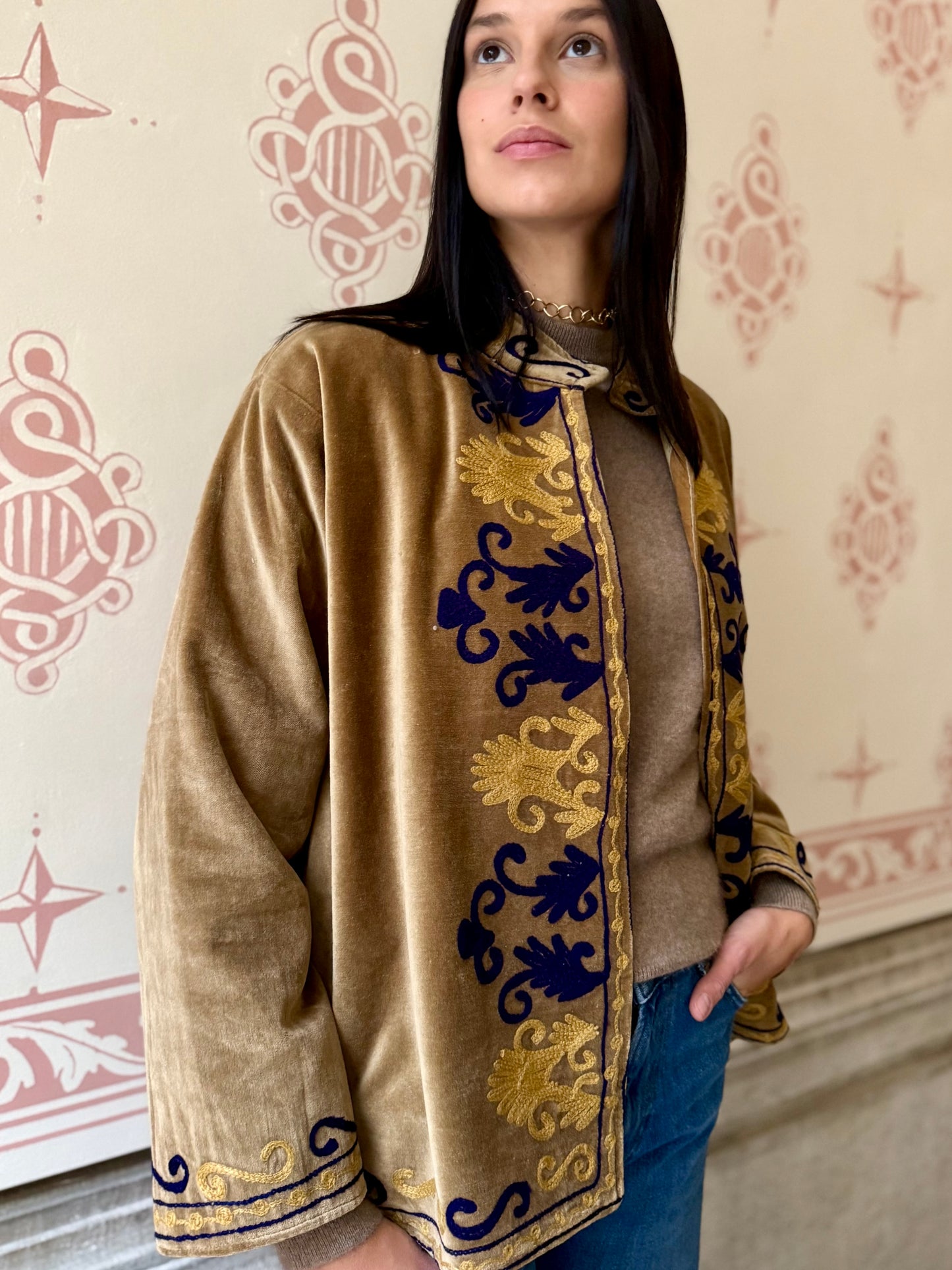 Rani Velvet Suzani Embroidered Jacket - Khaki One Size