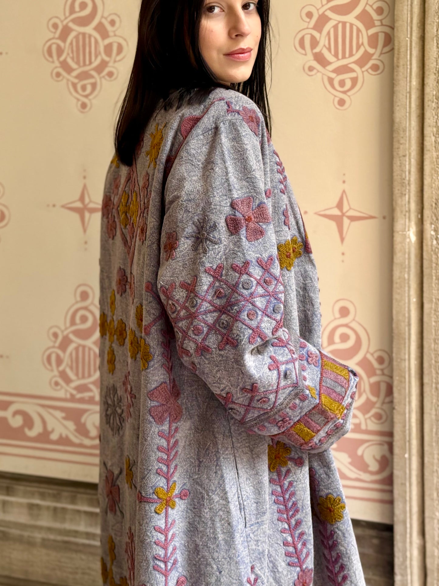 Embroidered Stone Washed Coat - One Size