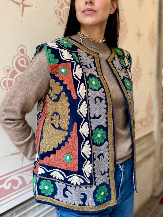 Cotton Embroidered Suzani Vest - Blue One Size