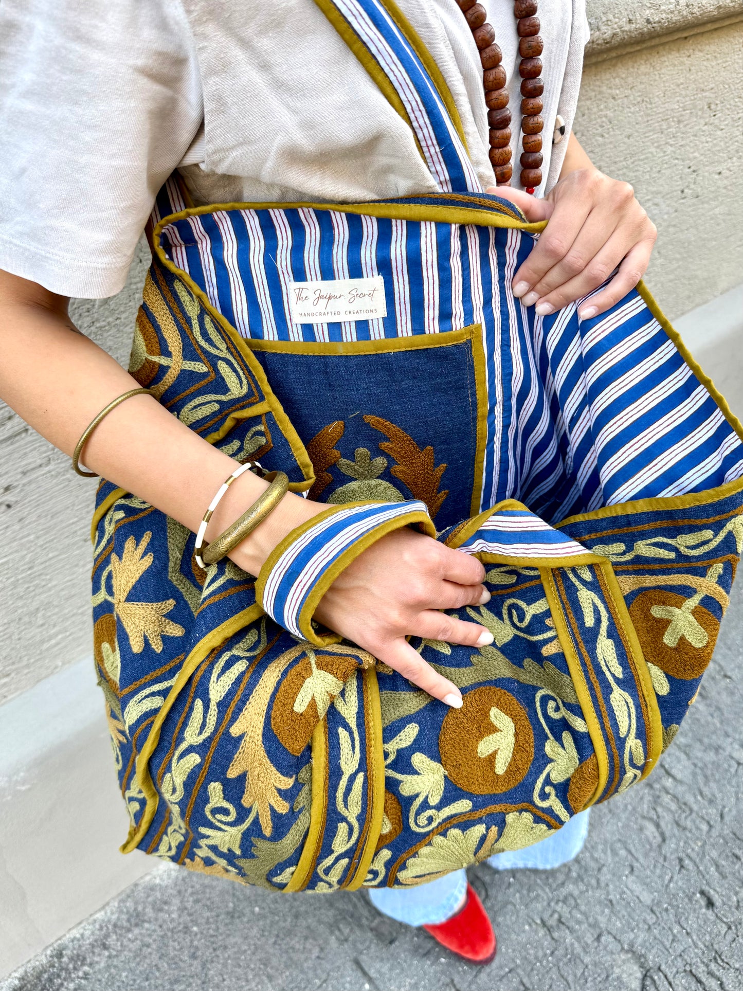 Denim Suzani Embroidered Tote Bag