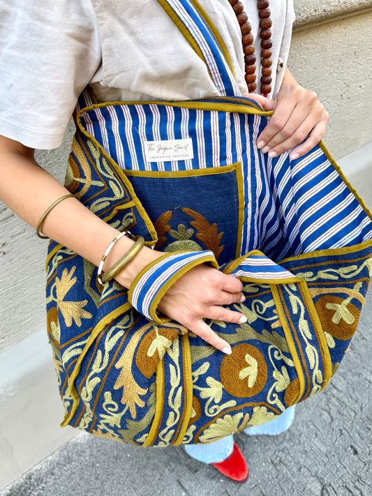 Denim Suzani Embroidered Tote Bag