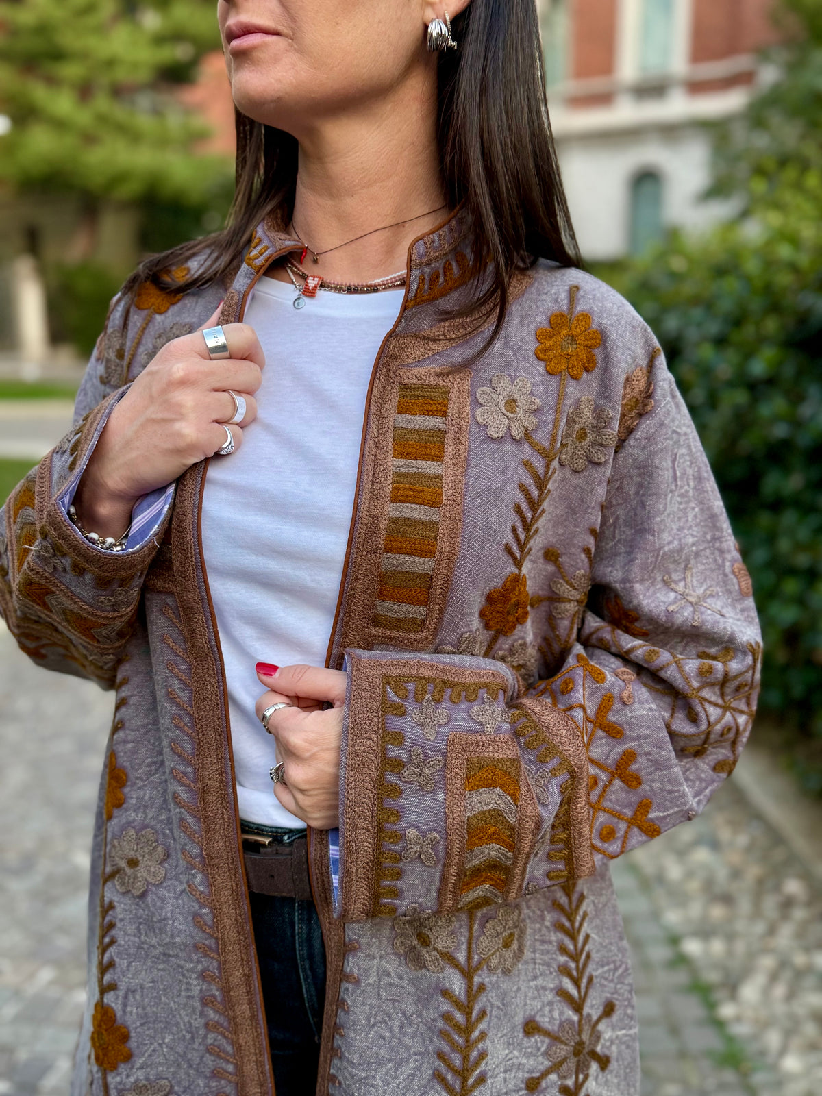 Embroidered Stone Washed Coat - One Size