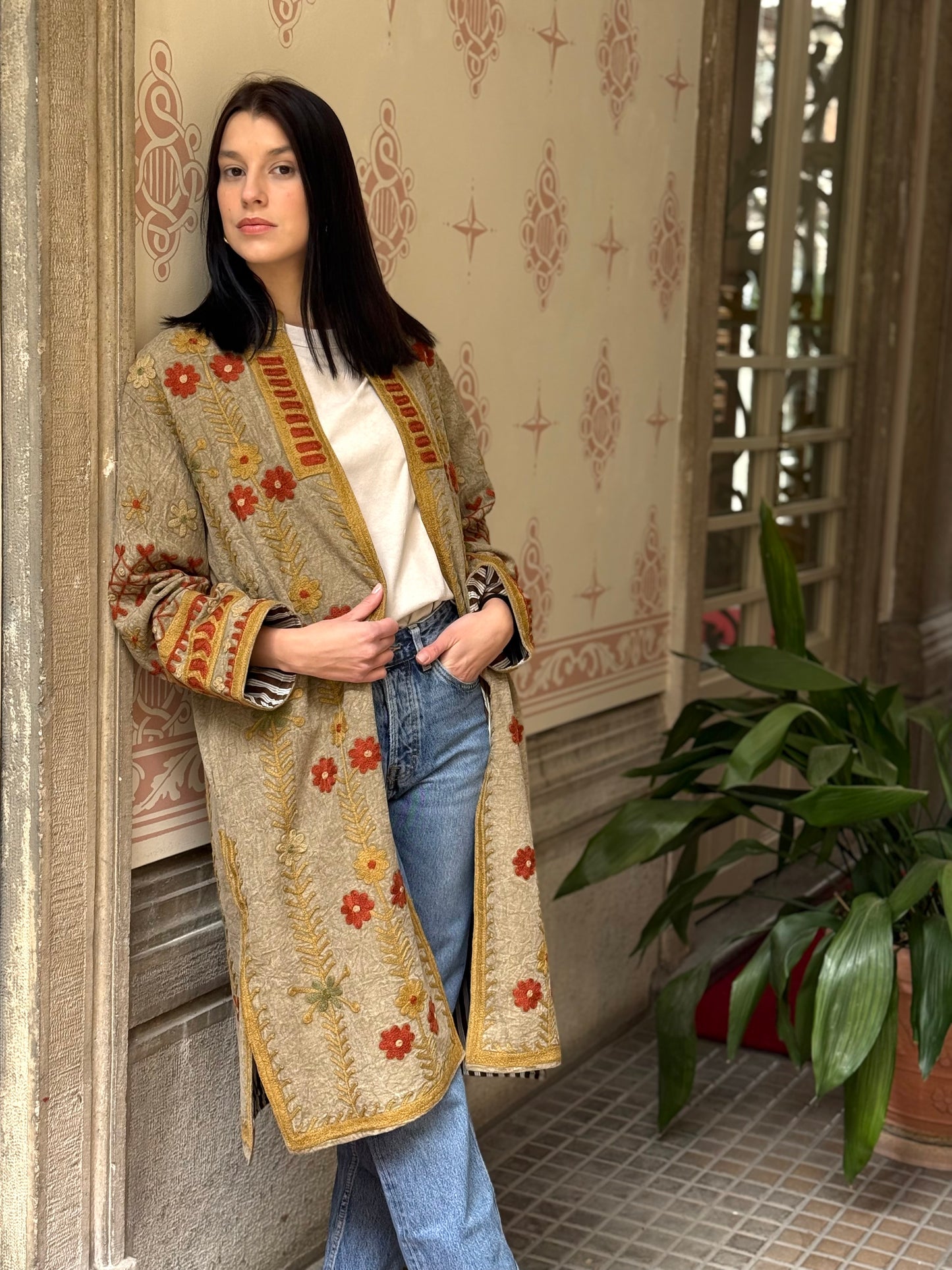 Embroidered Stone Washed Coat - One Size