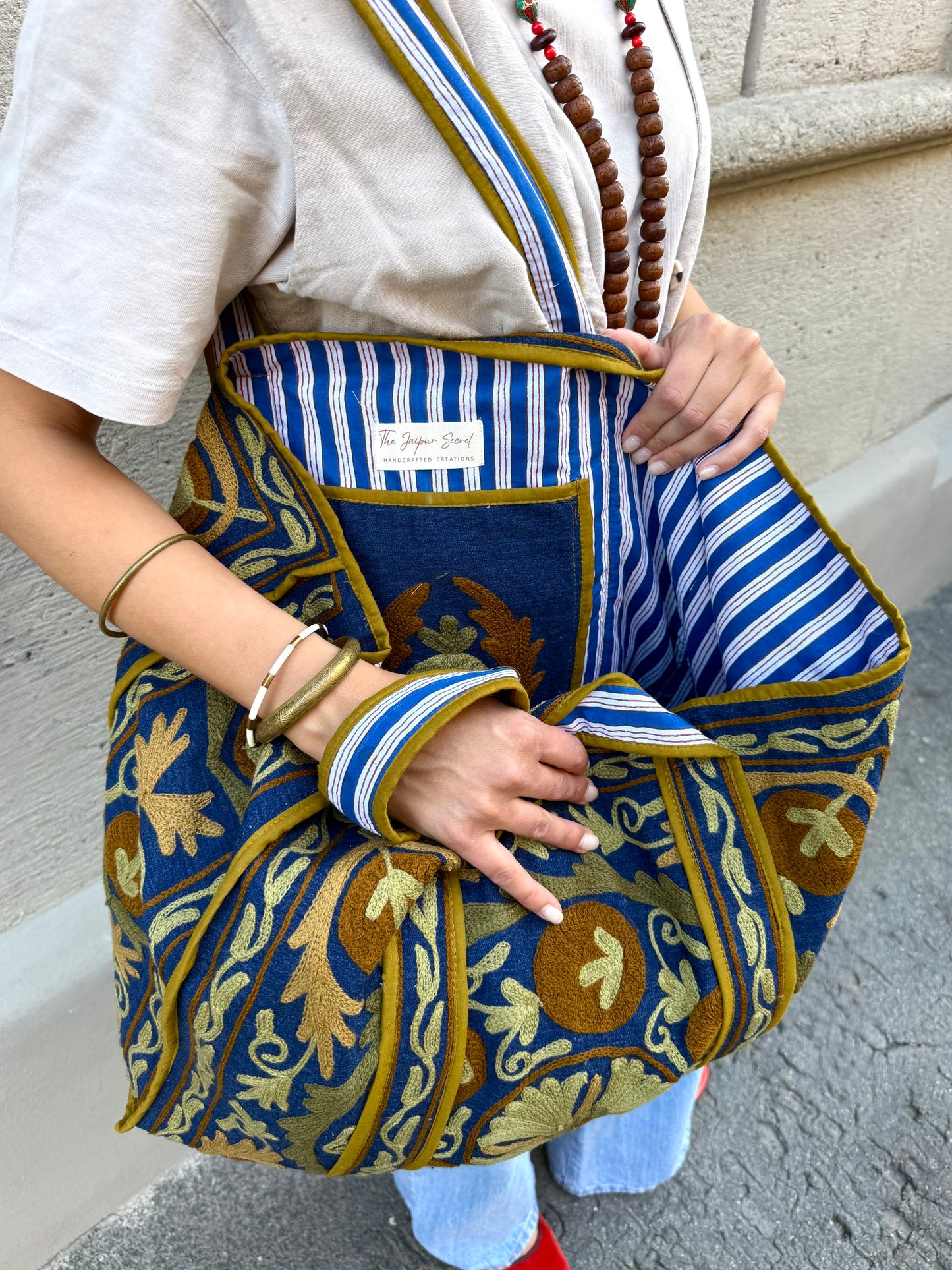 Denim Suzani Embroidered Tote Bag