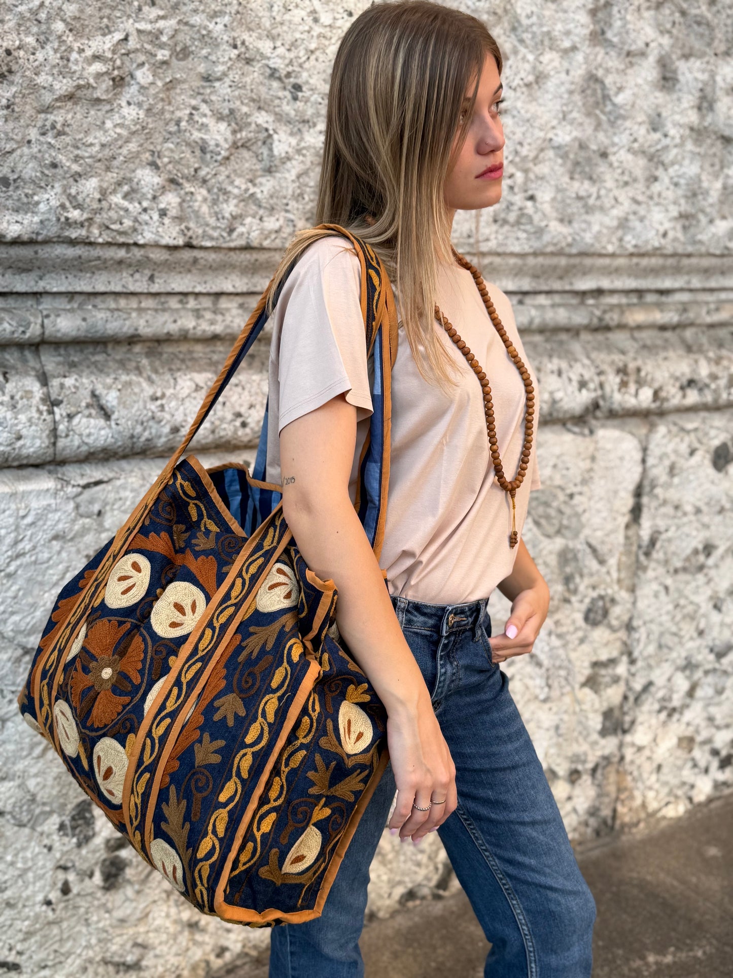 Denim Suzani Embroidered Tote Bag