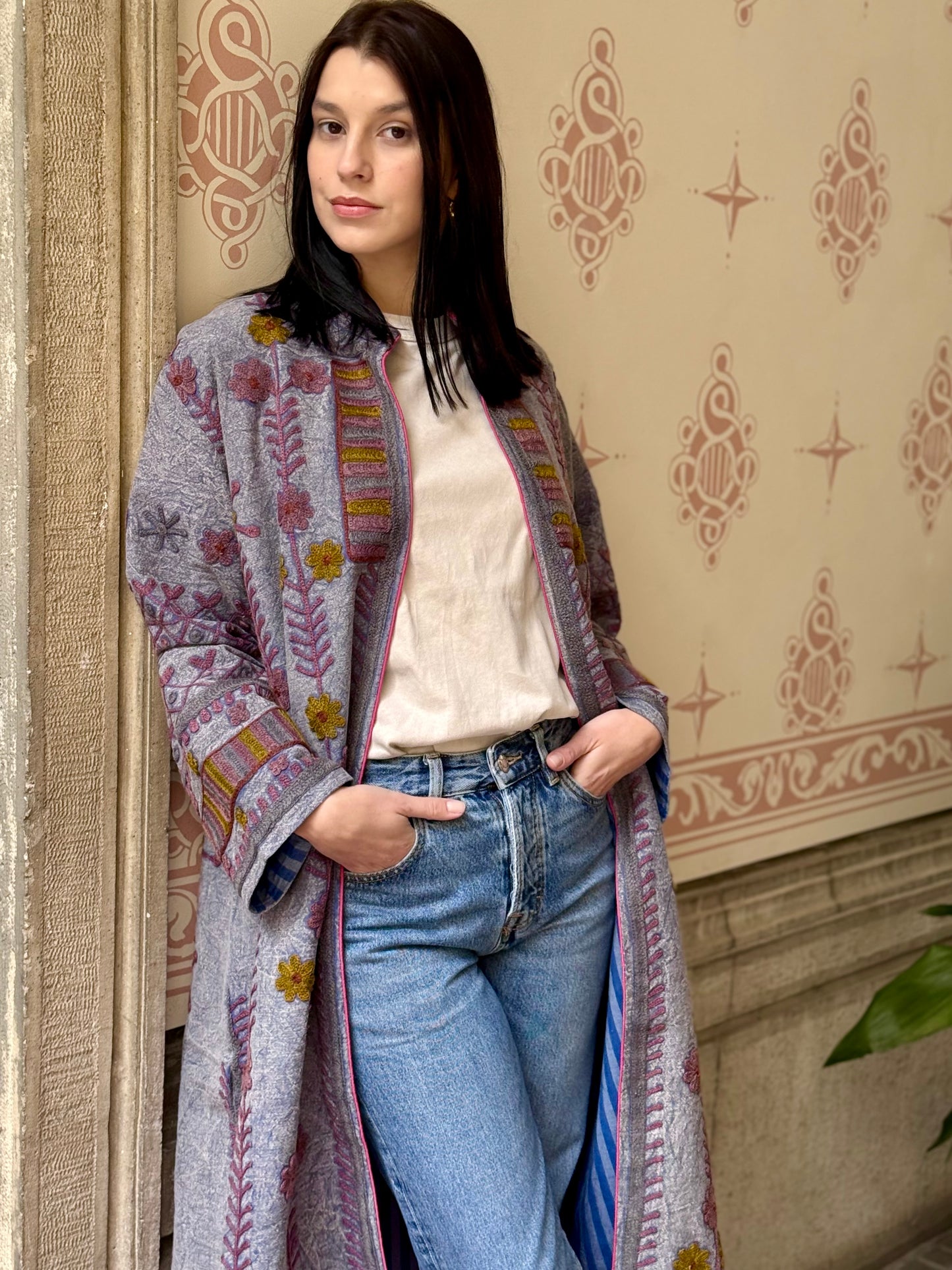 Embroidered Stone Washed Coat - One Size