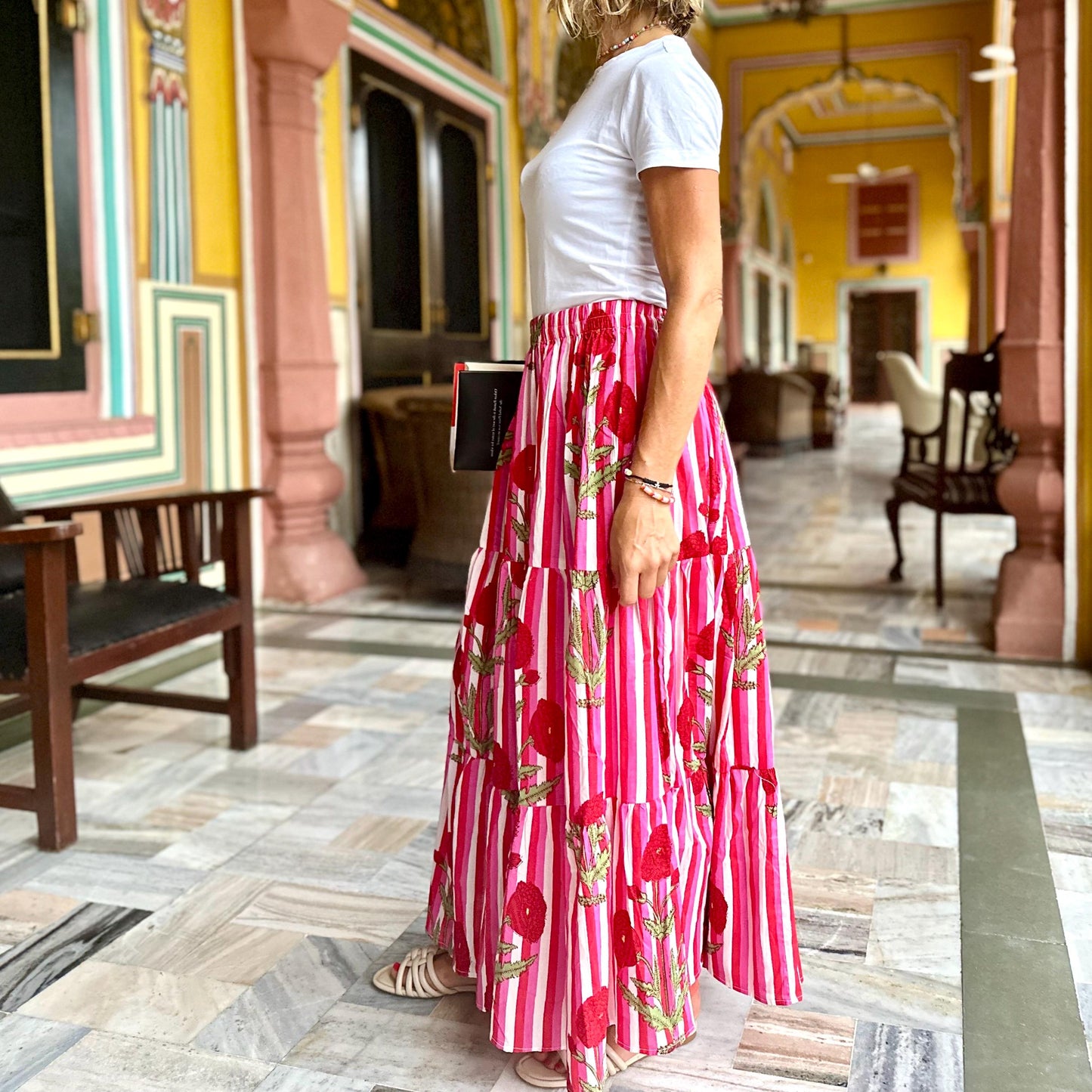 Eve Long Flounced Skirt - Red Flowers