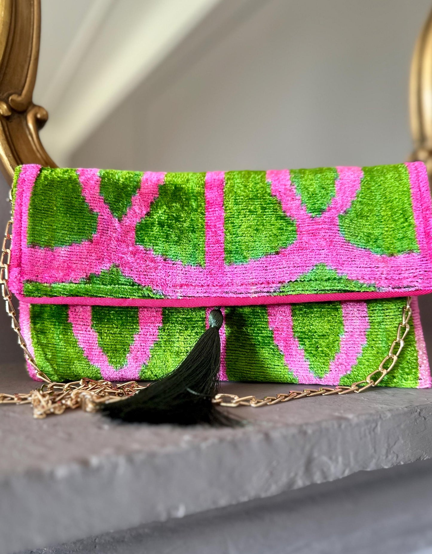 Clutch/Pochette Silk Ikat Fuchsia and Green - Naira