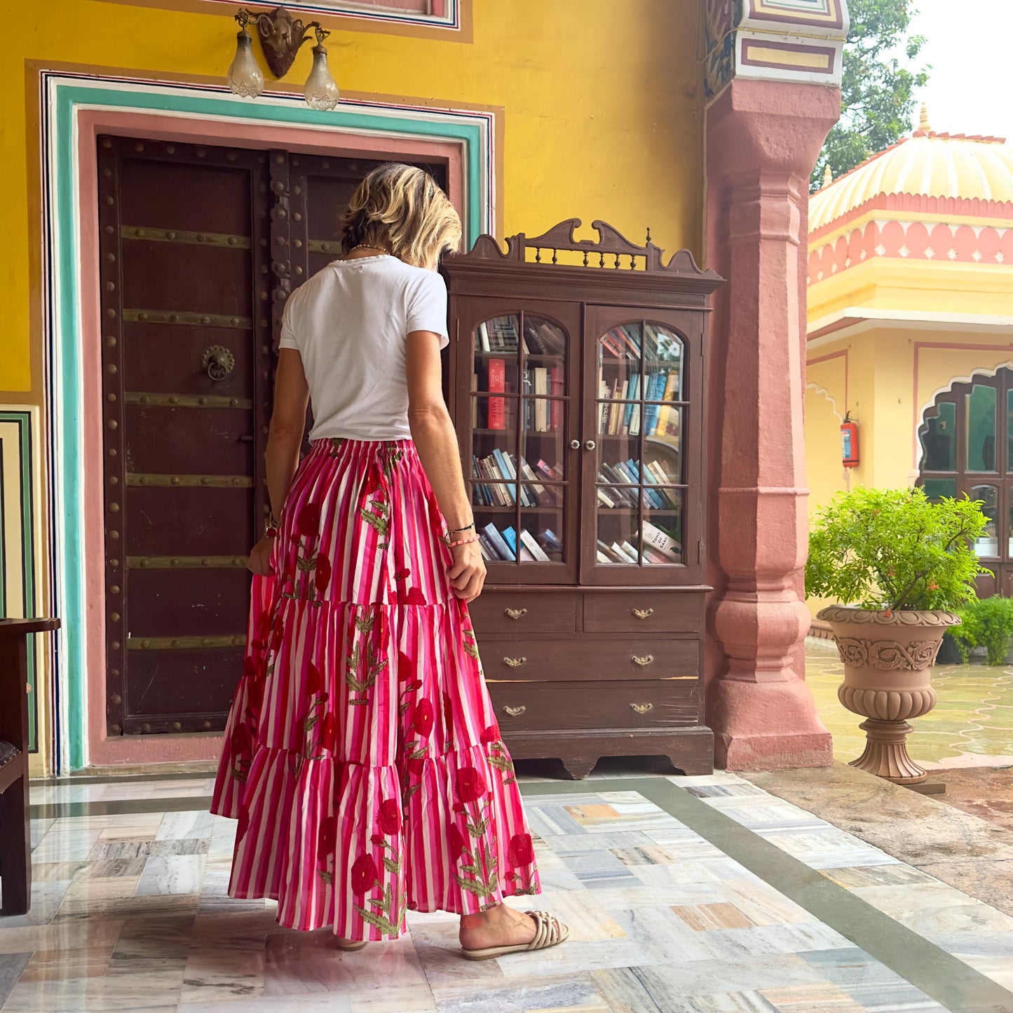 Eve Long Flounced Skirt - Red Flowers