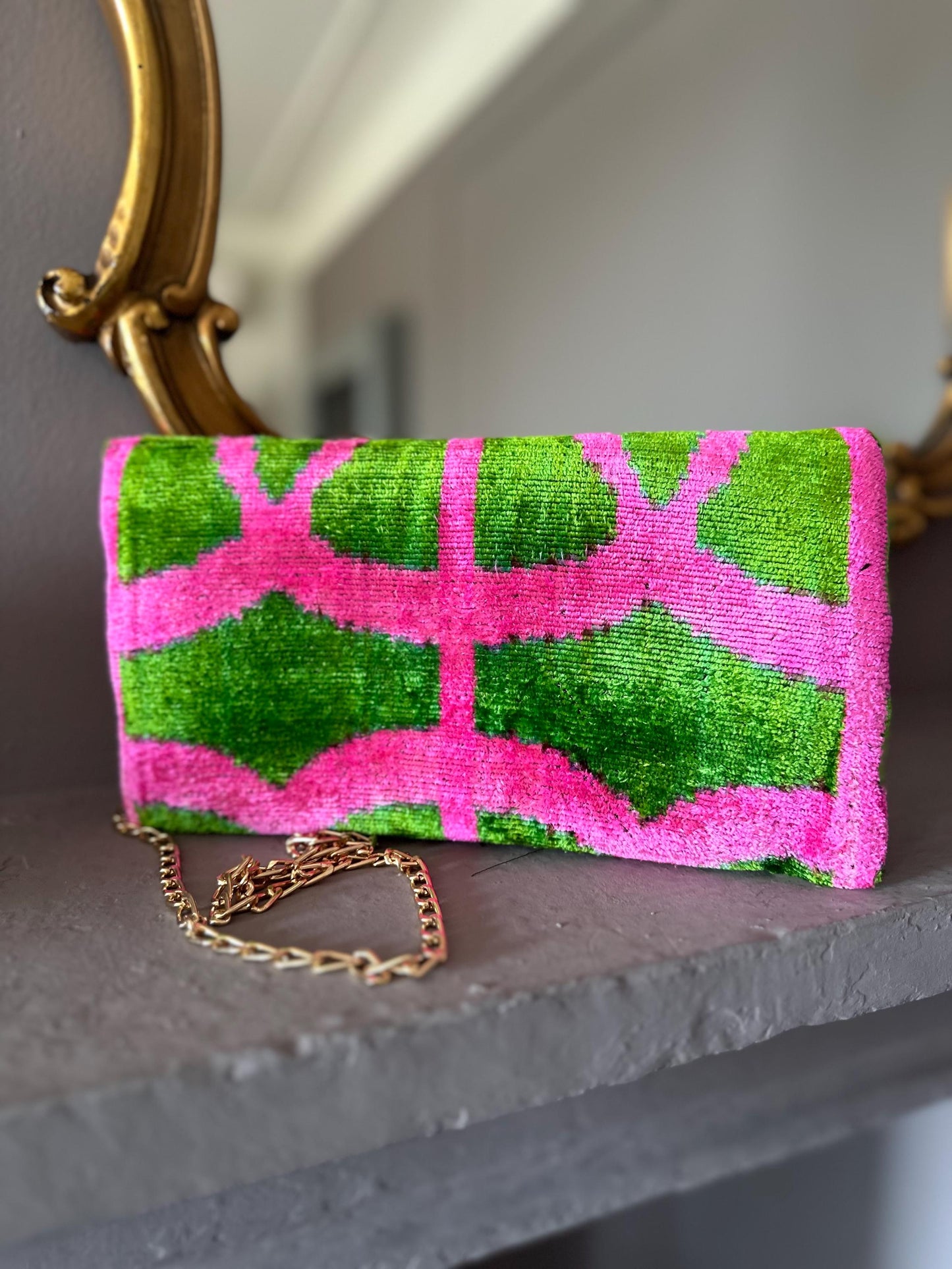 Clutch/Pochette Silk Ikat Fuchsia and Green - Naira