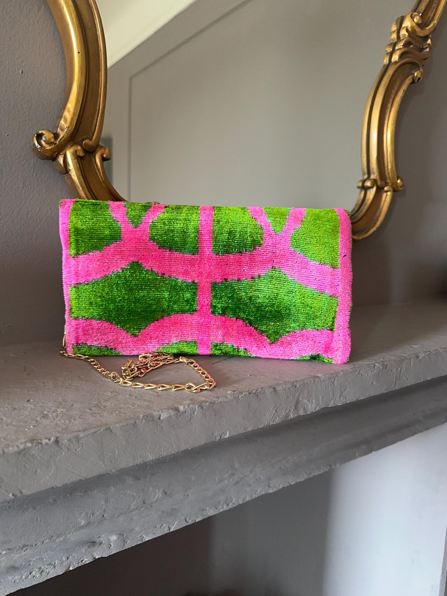 Clutch/Pochette Silk Ikat Fuchsia and Green - Naira